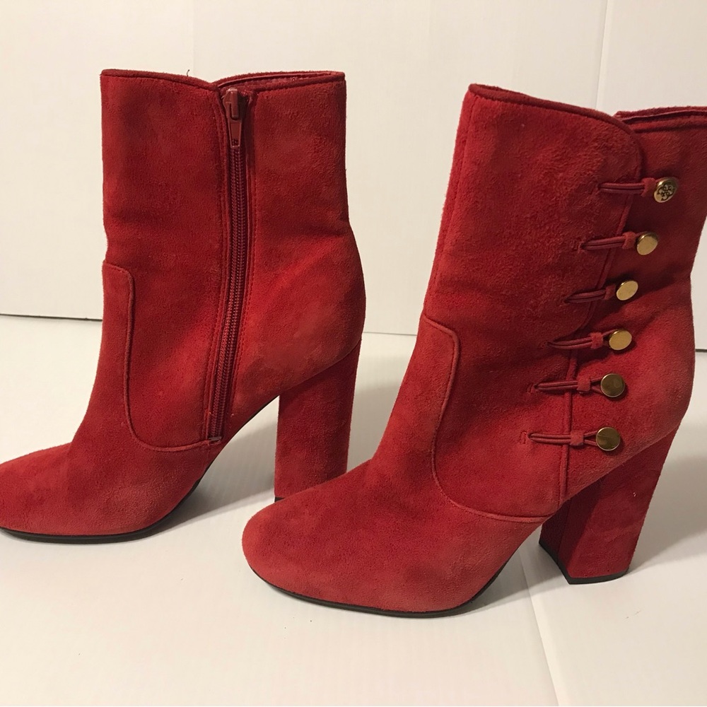GUESS red suede ankle boots block heel zip up size 7 M - Picture 3 of 12